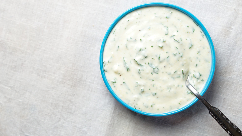 Ranch dressing in blue bowl