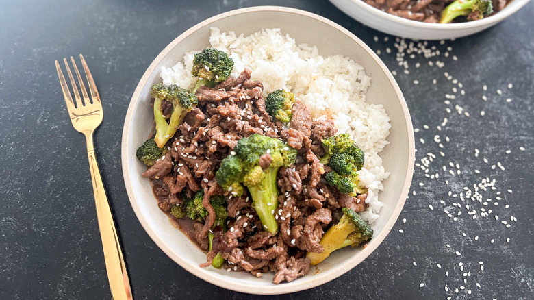 takeout-inspired beef and broccoli in bowl 