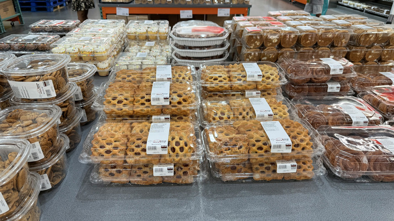 Strawberry rhubarb pastries on a table alongside other pastries on sale at Costco