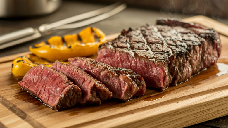 A medium-rare steak, served with grilled peppers