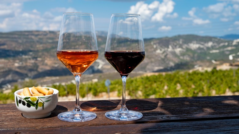 Rosé and red wine on a vineyard background