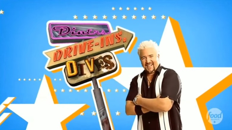 Title card for Diners, Drive-Ins, and Dives with Guy Fieri in a black and white bowling shirt
