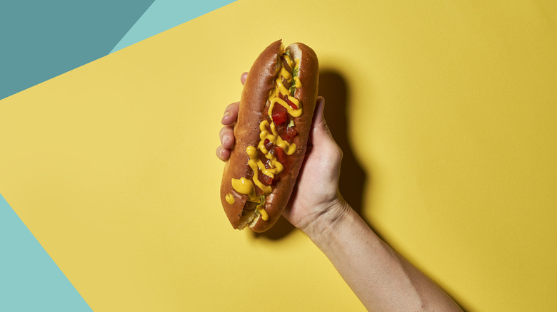 A person holding a hot dog against a colorful background