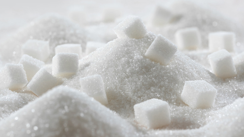 Close up of sugar cubes on mounds of white granulated sugar