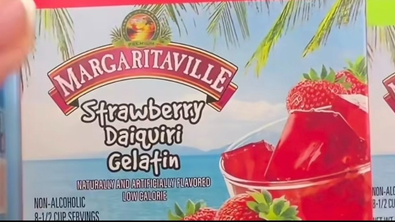 A close up of a box of Margaritaville Strawberry Daiquiri Gelatin at Dollar Tree