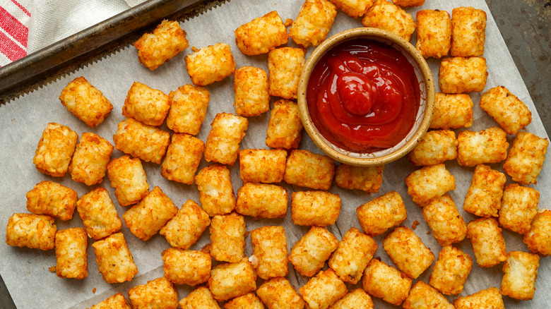 tater tots on tray with ketchup