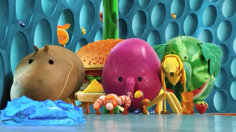 Various pieces of food are seen in a still from "Cloudy With A Chance Of Meatballs 2"