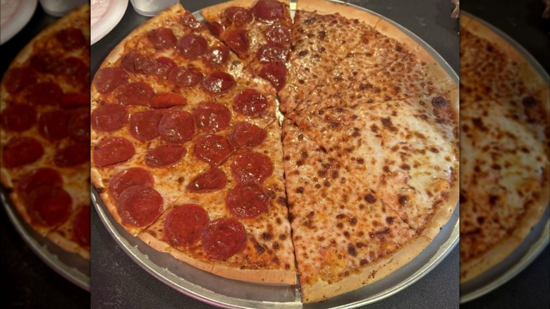 A half pepperoni, half cheese pizza at Cavanaugh Pizza