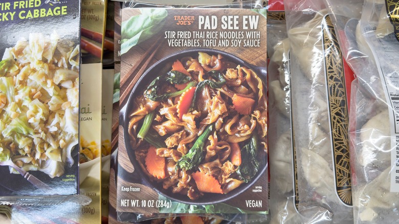 A package of Pad See Ew in a Trader Joe's freezer aisle