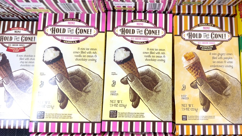 A package of Trader Joe's Mini Hold the Cone in a frozen section