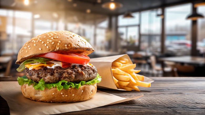 A restaurant burger, served with fries