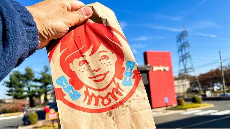 A person holds a brown paper bag full of food from Wendy's