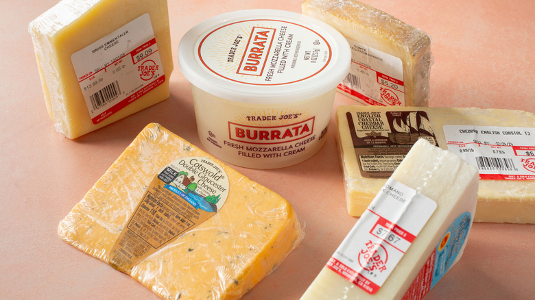 Several Trader Joe's cheeses, all packaged in plastic