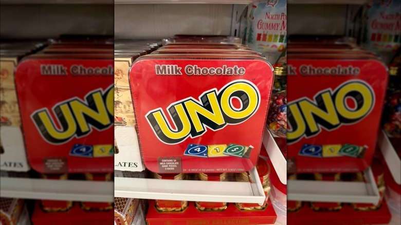 A red package of milk Chocolate Uno with yellow and black writing on a shelf