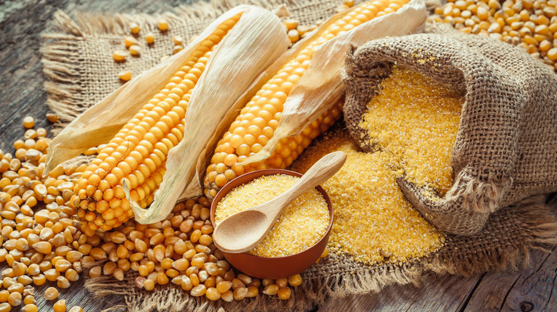 cornmeal and corn kernels on table