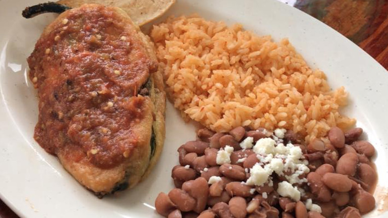 Chile relleno, rice, and beans at El Serranito Taqueria