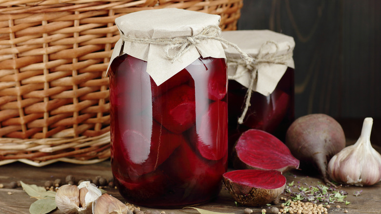 Red beets in glass jar