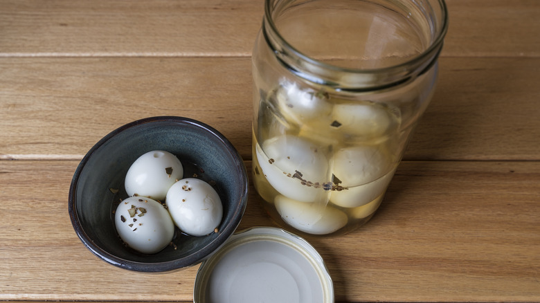 bowl and jar of pickled eggs