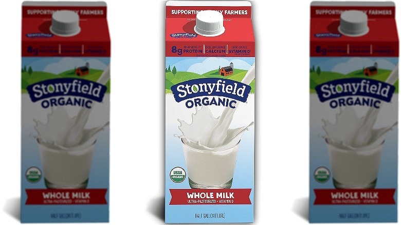 Carton of Stonyfield Organic milk