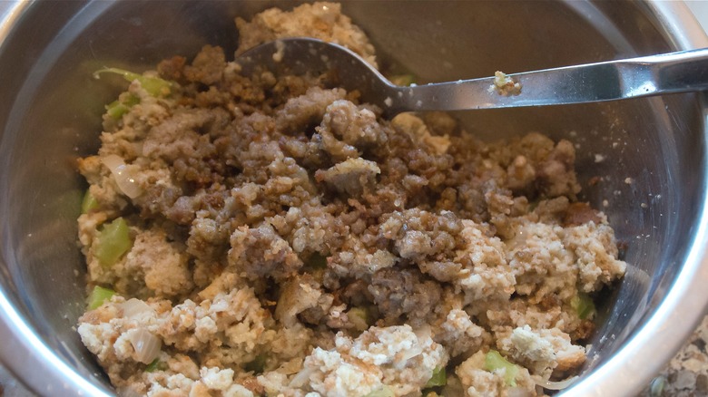 Mushy stuffing mixture with sausage