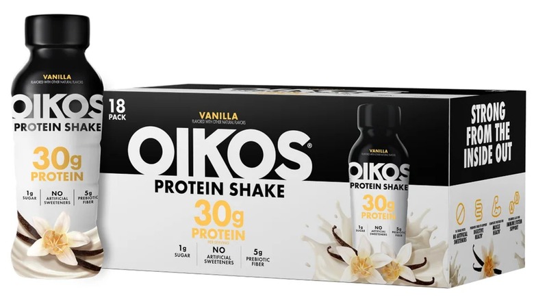 Oikos Vanilla flavored protein shakes in an 18 pack at Costco