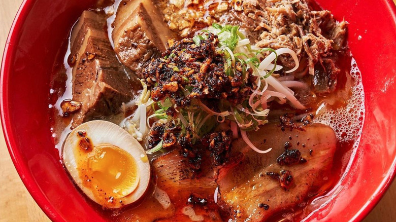 Bowl of ramen with pork, egg, and spice