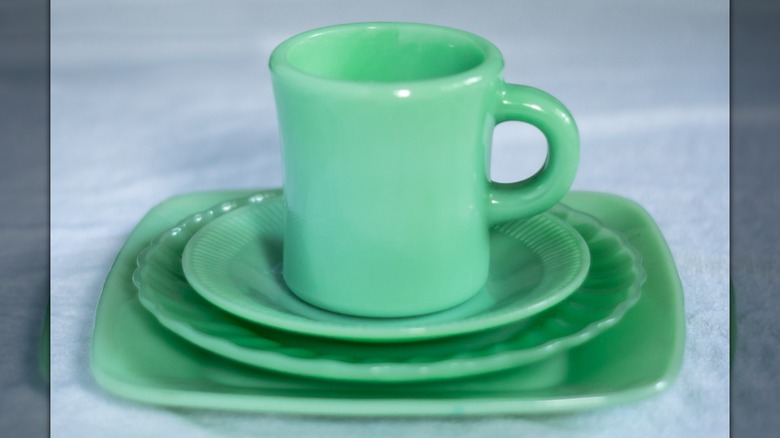 Fire King Jadeite Green Jade Glass Cup and Plates Side View