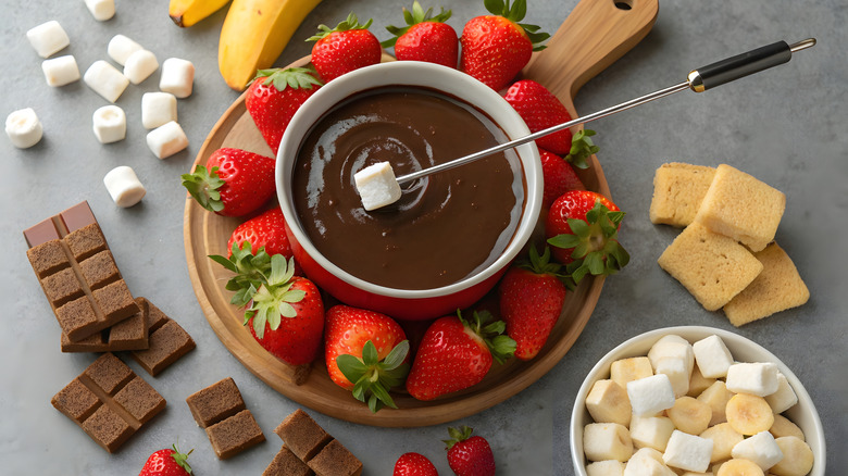 bowl of chocolate fondue surrounded by fruit, marshmallows and pound cake