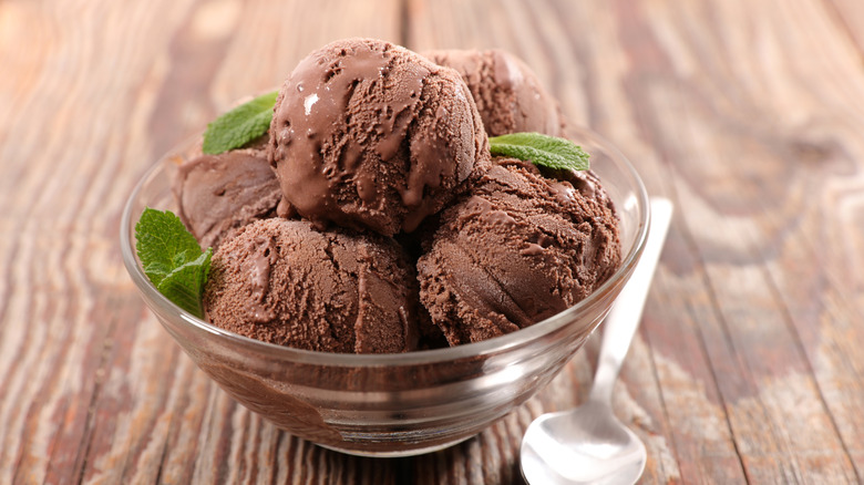Bowl with scoops of chocolate ice cream
