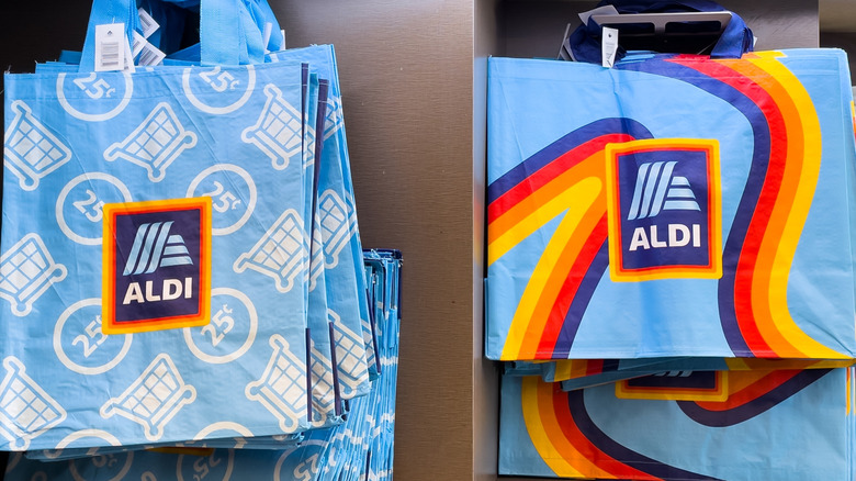 Reusable canvas Aldi tote bags available at checkout