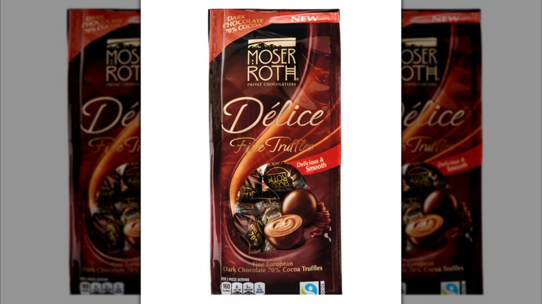 Moser Roth dark chocolate truffles on white background