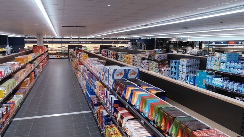 Interior view of the main aisles at the world's largest Aldi in Mülheim an der Ruhr