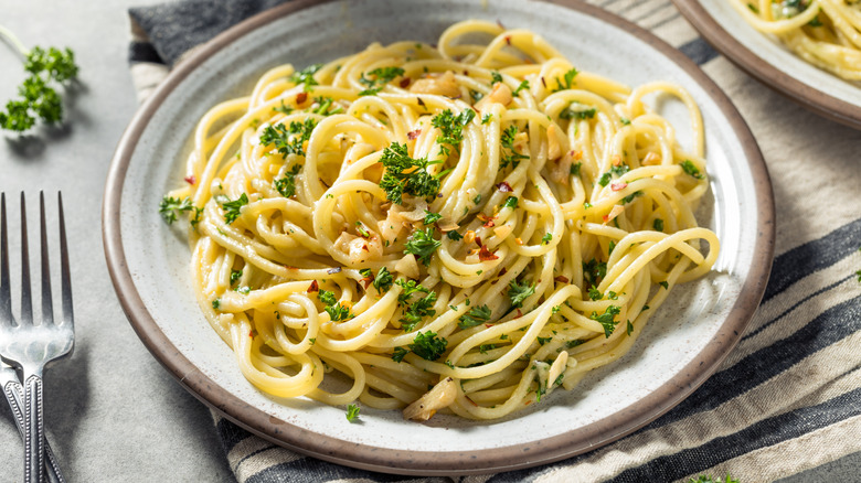 Plate of garlic pasta on a table