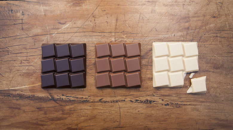 Three types of chocolate on wooden surface