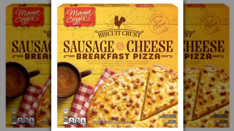 Sausage and cheese breakfast pizza on white background