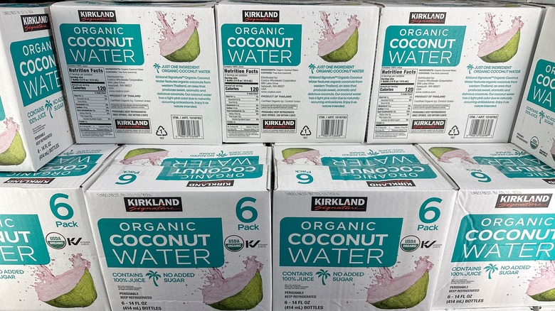 Crates of Kirkland Signature Organic Coconut Water