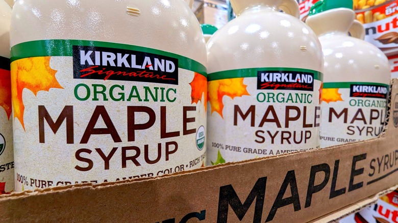 Bottles of Kirkland Signature Organic Maple Syrup