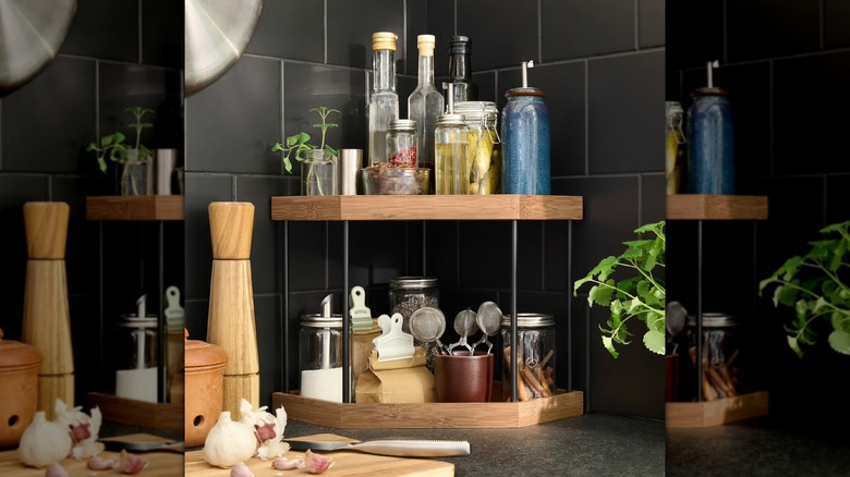 Two tier kitchen countertop shelf with jars and bowls