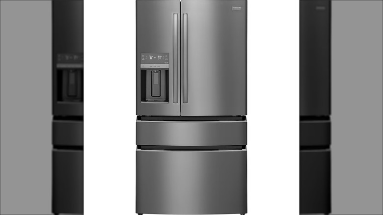Front profile of the Frigidaire Gallery counter-depth 4-door refrigerator with ice maker against a white background.