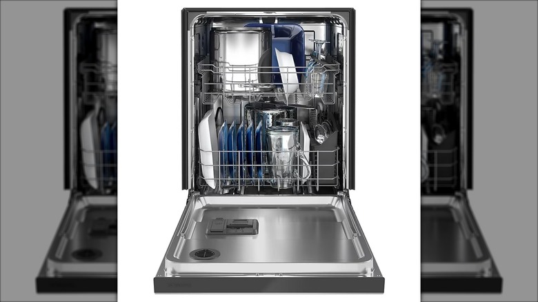 Open view of the Maytag Dual Power Filtration dishwasher with PowerBlast against a white background.