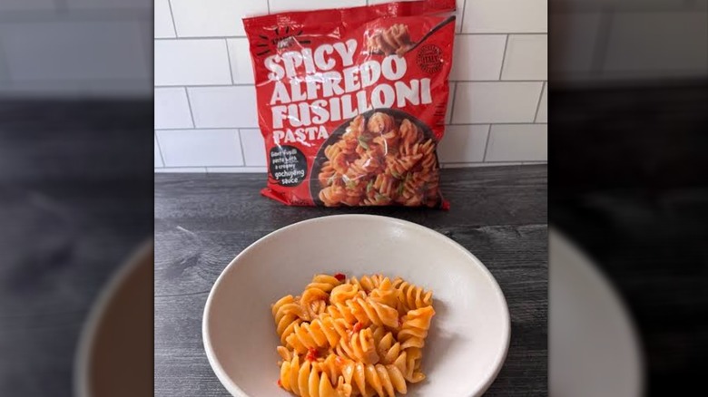 Package of Trader Joes Spicy Alfredo Fusilloni Pasta