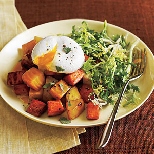 Two Potato, Cauliflower and Sweet Potato Hash with an Egg 