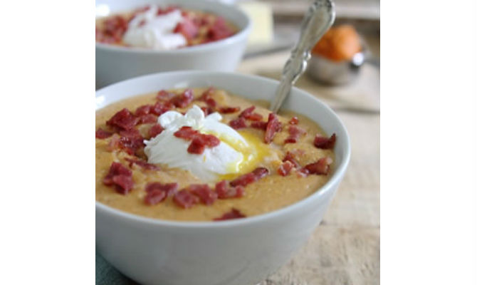 Pumpkin Bacon Grits with a Poached Egg