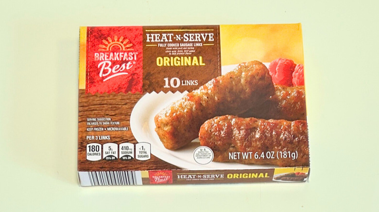 A box of Breakfast Best Original Sausage Links  isolated on a light green background