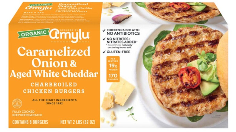 Box of Amylu Organic Chicken Burger with Caramelized Onion and Aged White Cheddar