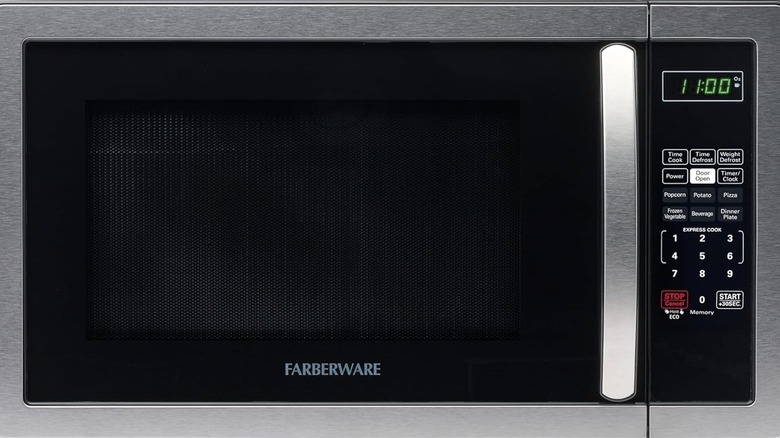 Silver and black Farberware microwave oven