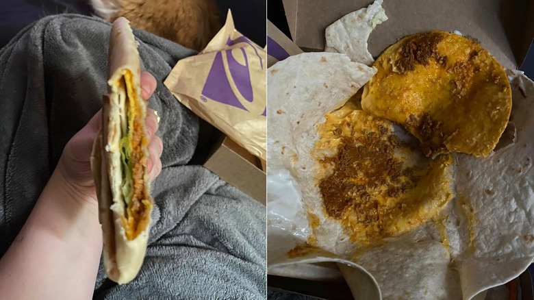 Split images with someone holding a half eaten crunchwrap on the left and an opened crunchwrap on the right