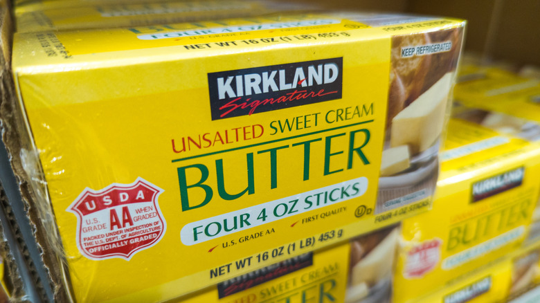 A Kirkland Signature unsalted sweet cream butter box