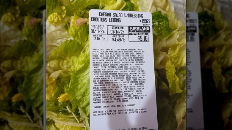 A close-up of the Kirkland Signature Caesar salad label