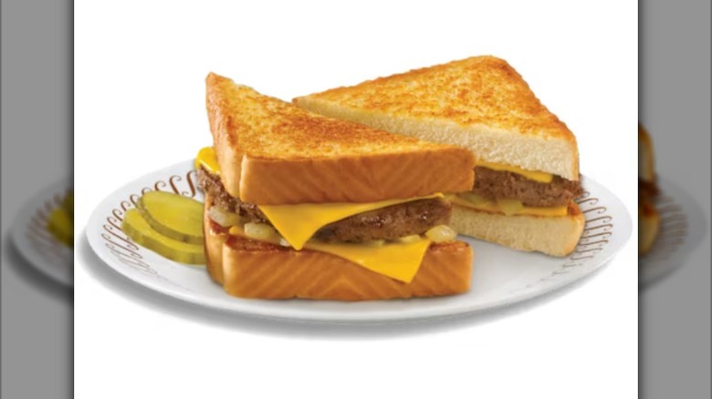 a Texas patty melt from Waffle House on a plate against a white background